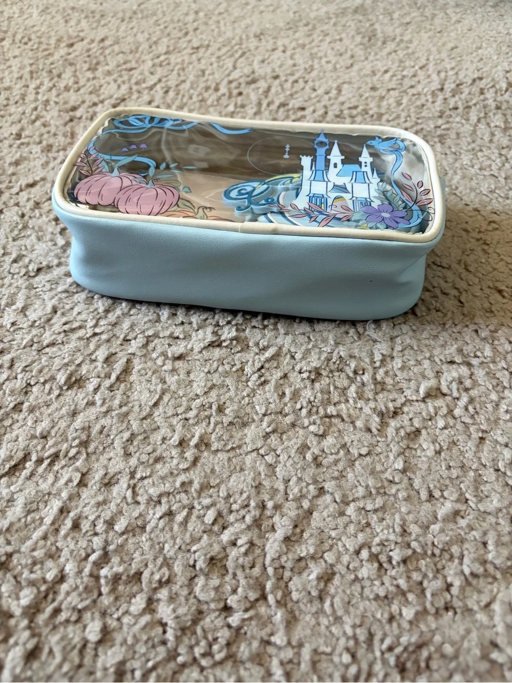 Disney Clear Cosmetic Bag with Pastel Pink Pumpkins & Blue Castle
